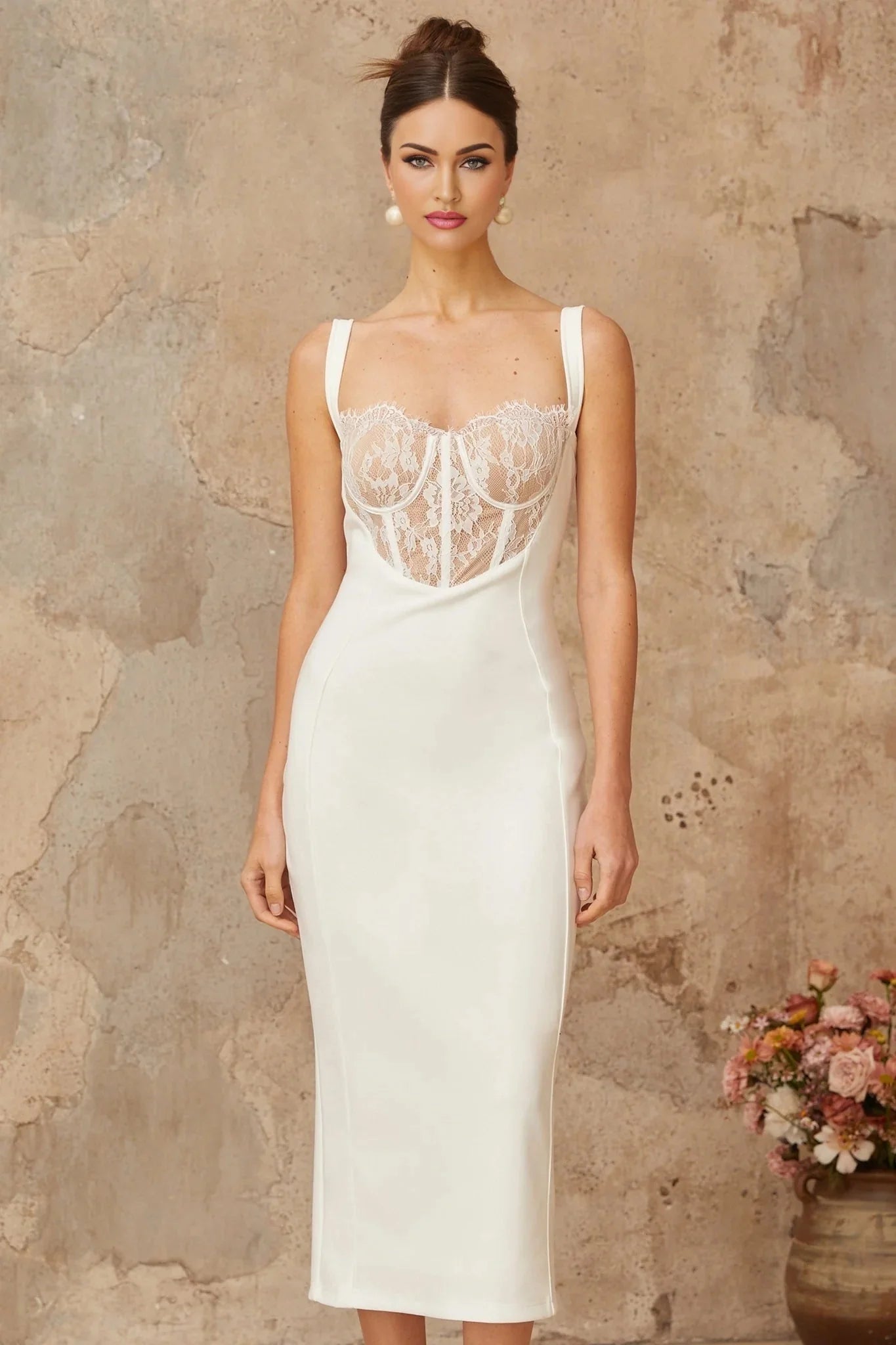 Adriana Midi Dress in White | Lace-Panel Corset Fitted Silhouette Rear Slit 
