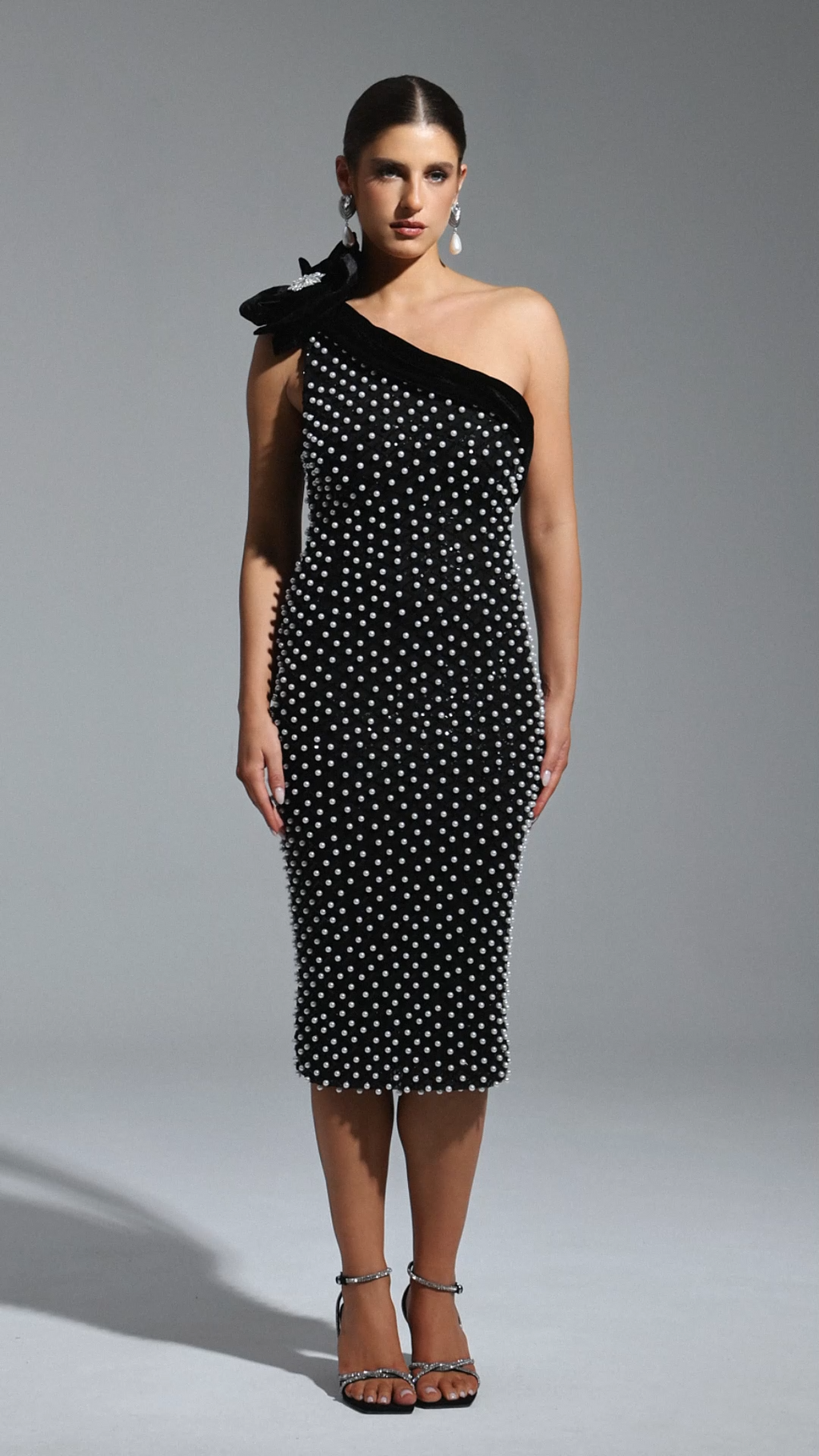 Nadia One Shoulder Diamond Pearls Midi Dress - Floral Detailing - Sparkling Accents - Form-Fitting - Luxurious Materials