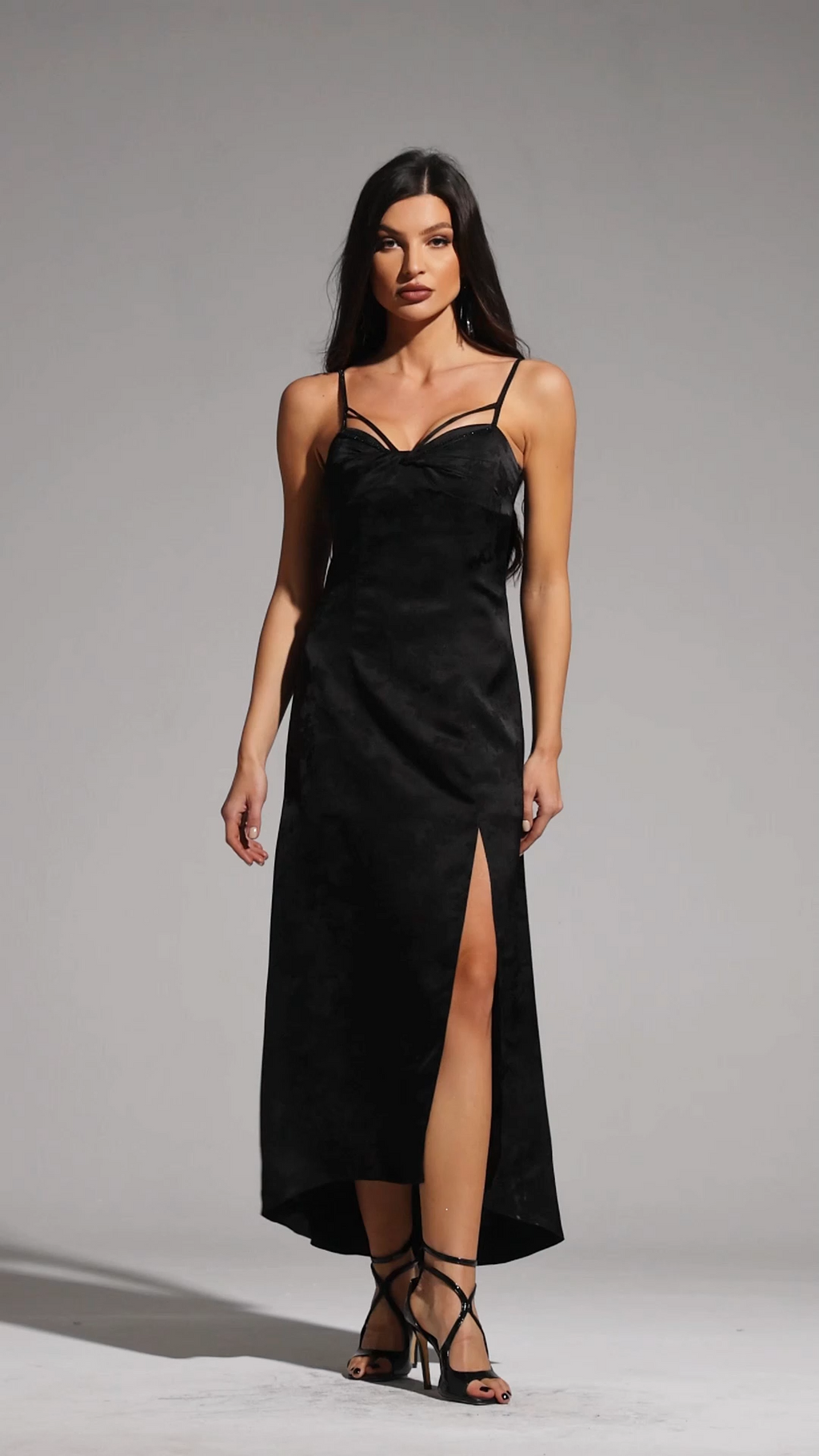 Norah Midi Dress - Sleeveless Silhouette - Spaghetti Straps - Sweetheart Neckline - High Slit - Luxurious Fabric