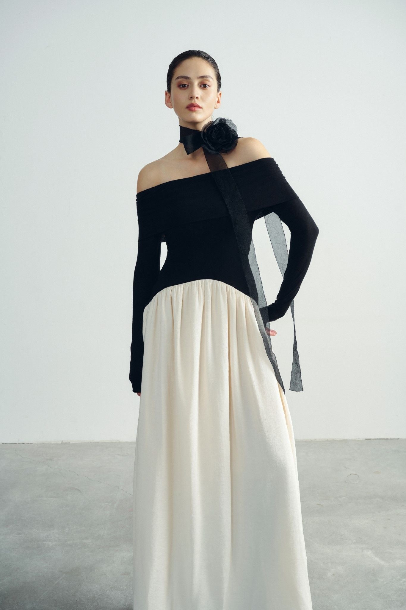 Sofia Off Shoulder Maxi Dress – Adjustable Neckline – Soft Stretch Fit