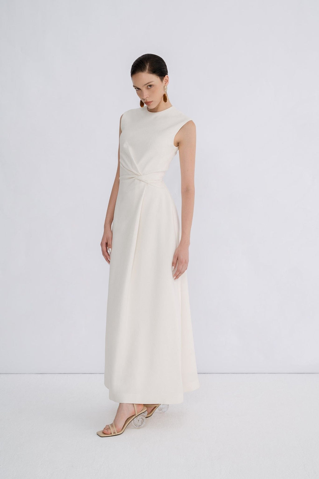 Isla A Line Jacquard Midi Dress – Puff Sleeves – Twisted Waist Detail