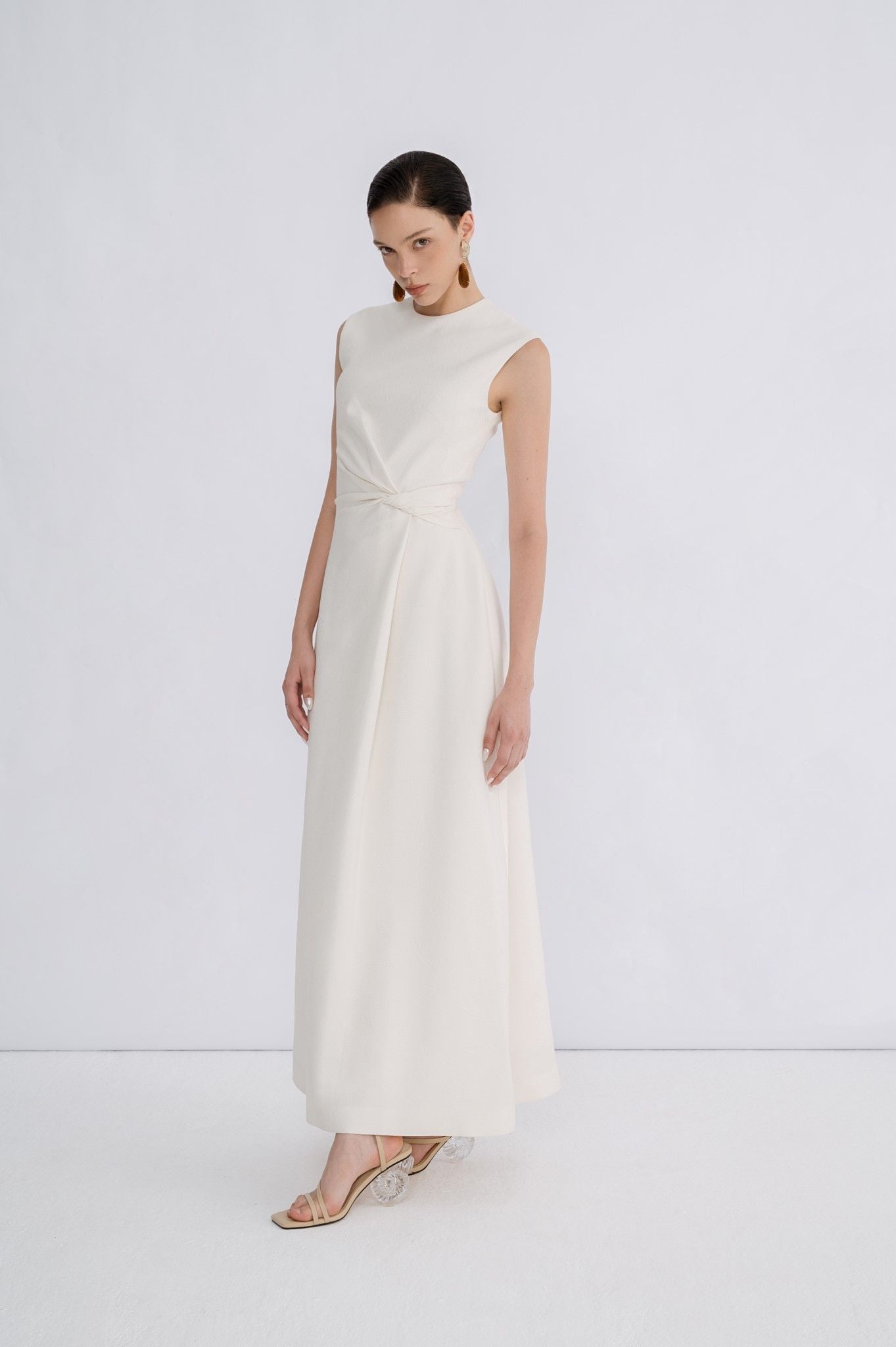 Isla A Line Jacquard Midi Dress – Puff Sleeves – Twisted Waist Detail