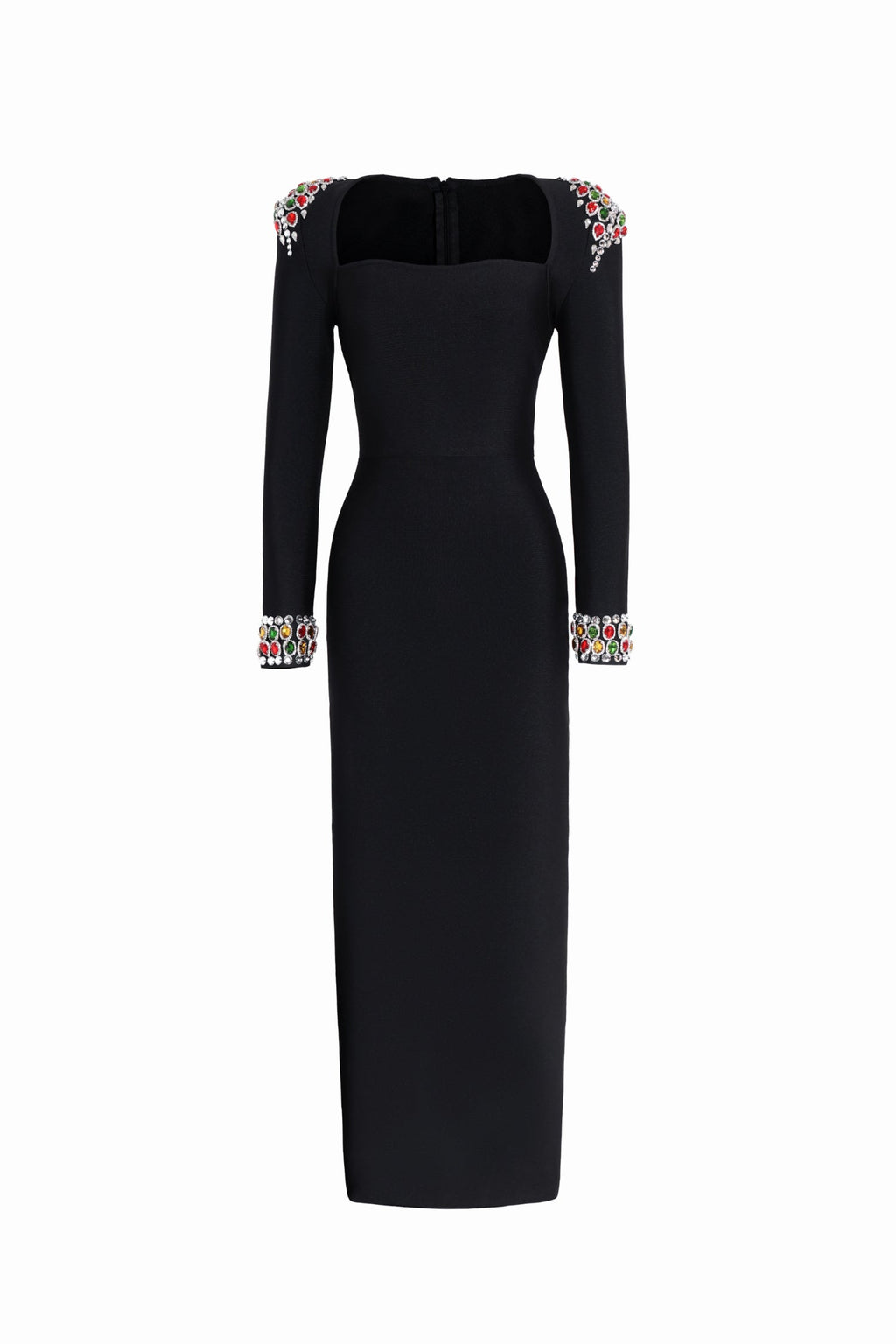 Genesis Midi Dress - Rhinestone Detailing - Squared Neckline - Body-Hugging Silhouette - Long Sleeves - High-Quality Craftsmanship