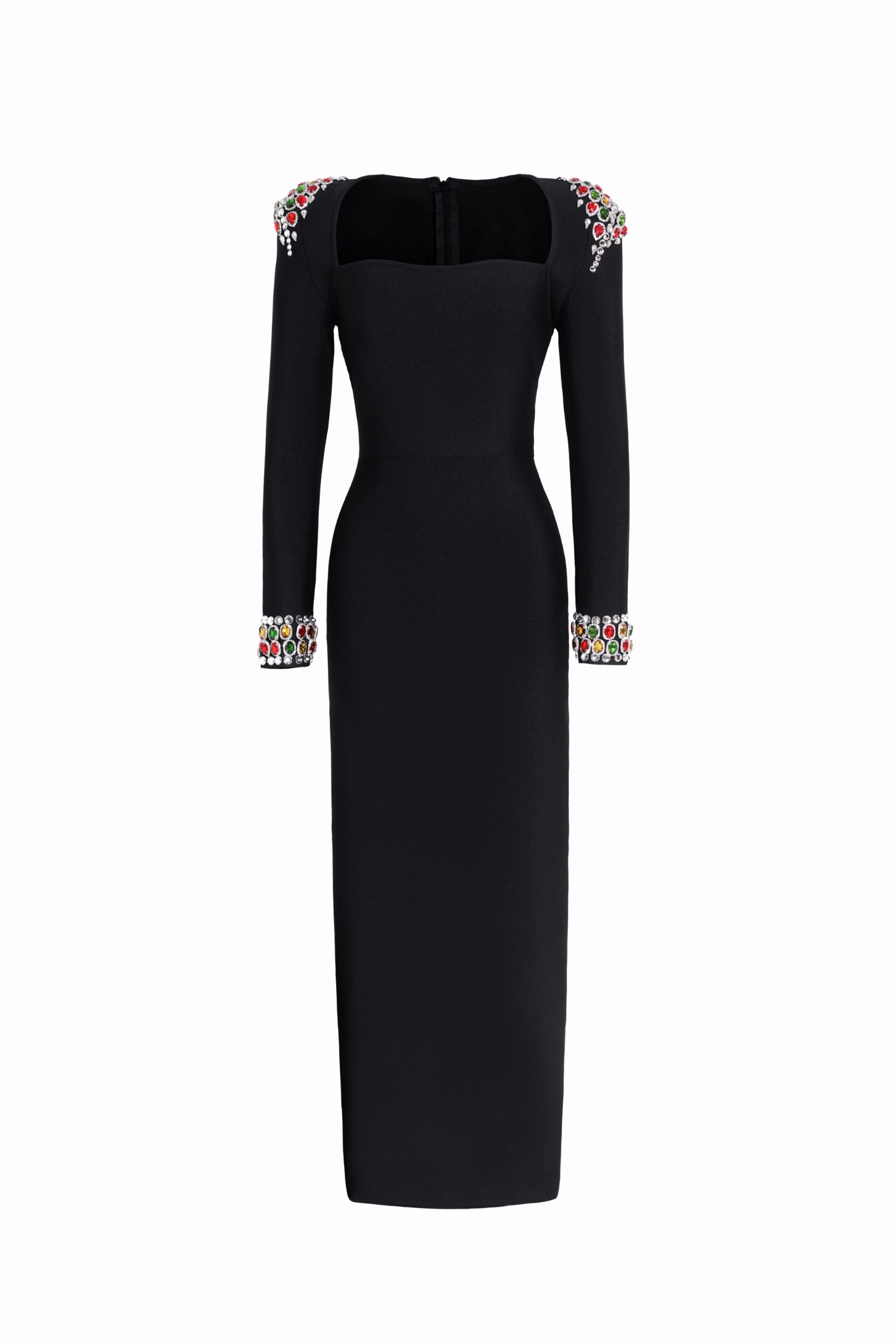 Genesis Midi Dress - Rhinestone Detailing - Squared Neckline - Body-Hugging Silhouette - Long Sleeves - High-Quality Craftsmanship