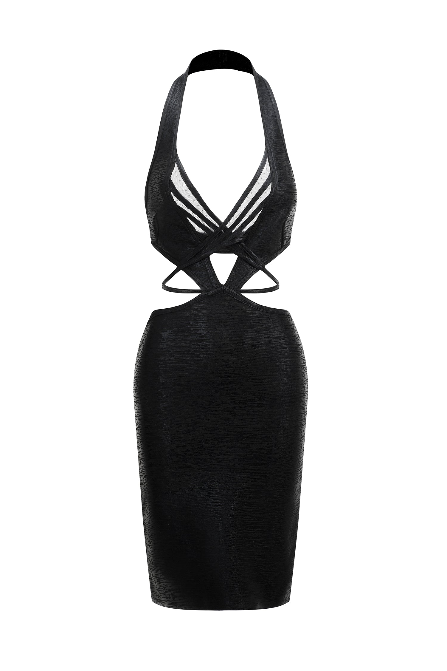 Noemi Mini Dress - Halter Neckline - Crossed Bodice Detailing - Metallic Fabric - Bodycon - Unique Cutouts