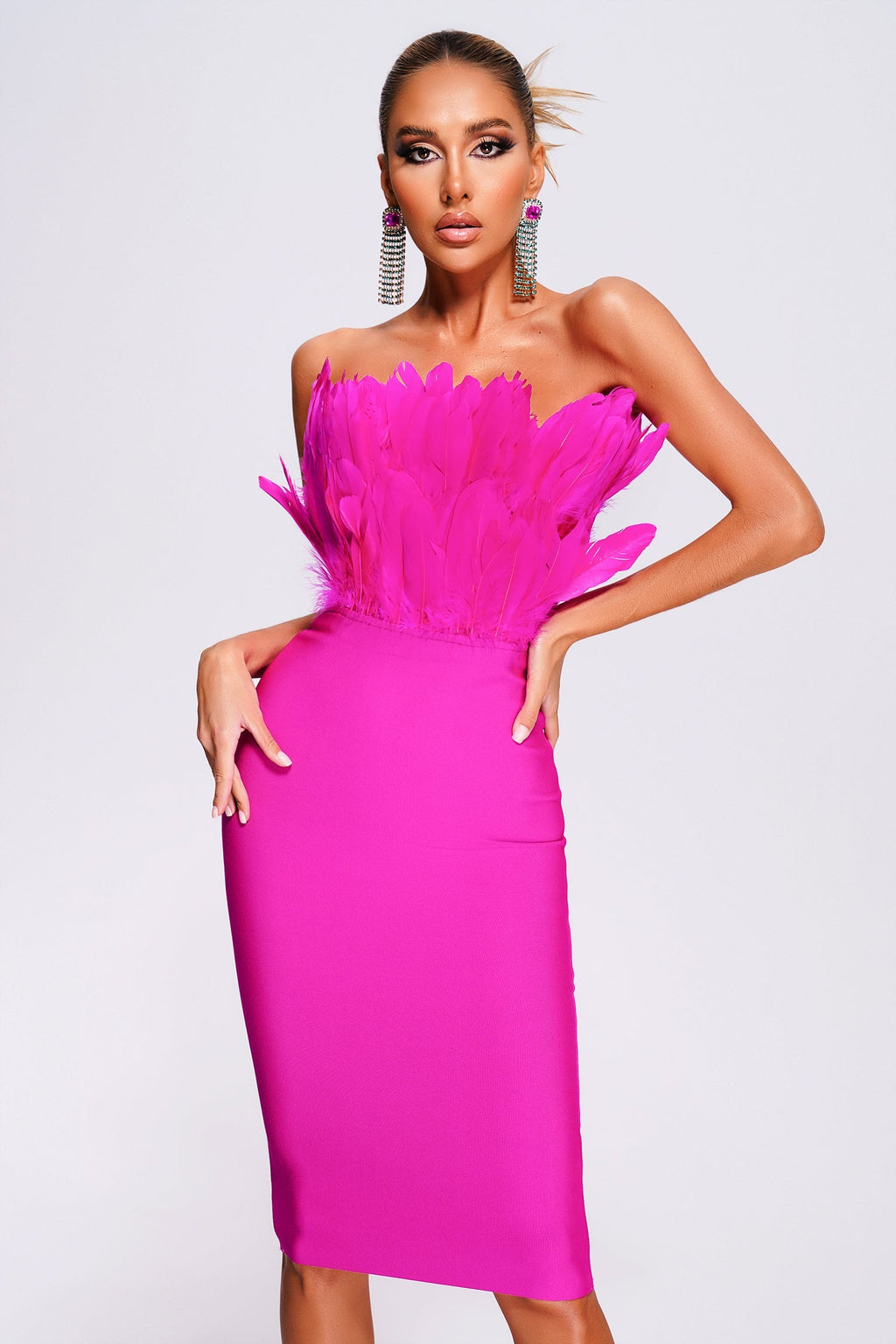 Emily Midi Dress - Strapless Neckline - Feather Detailing - Fitted Silhouette - Sophisticated Charm - High-Quality Materials