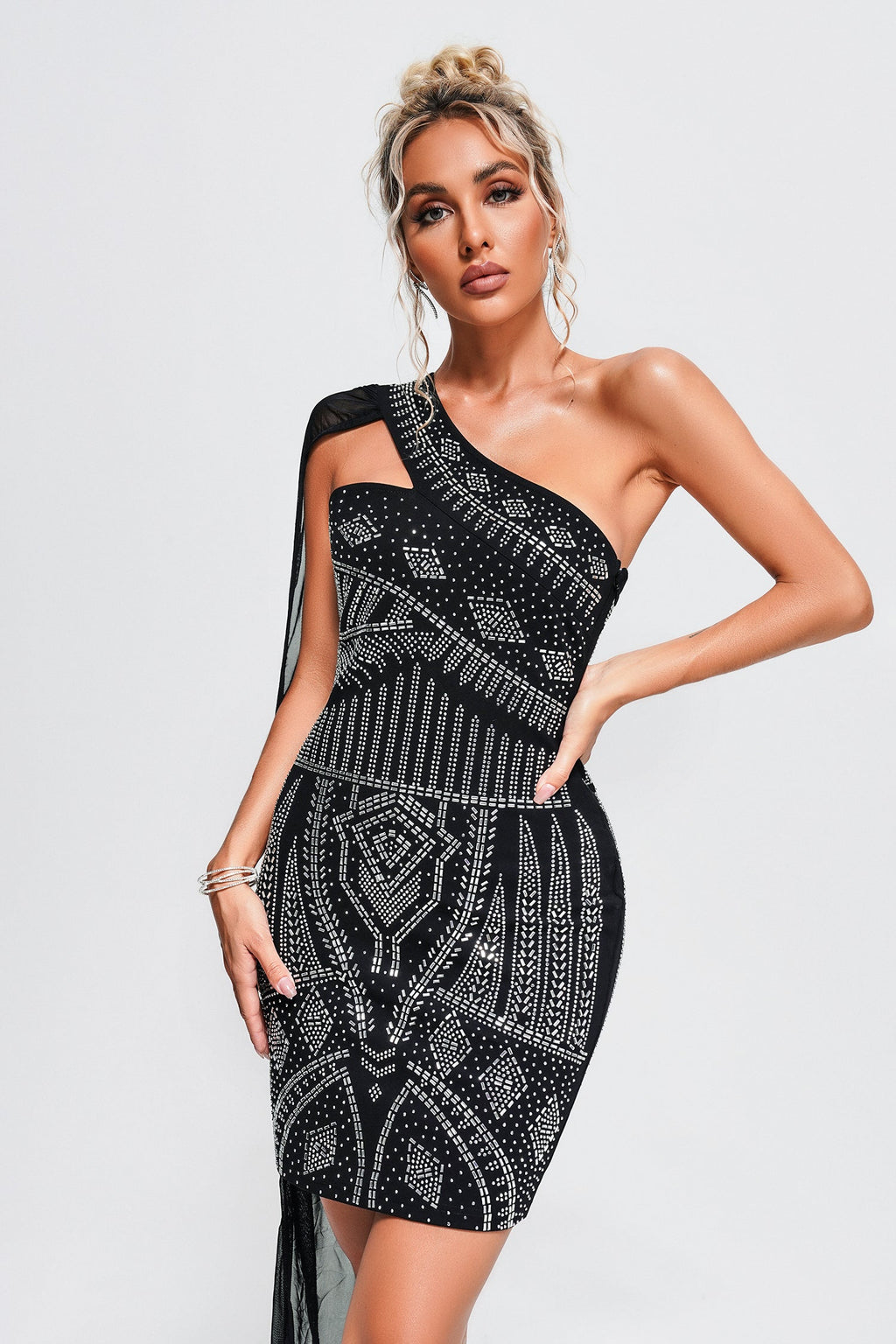 Landry One Shoulder Crystal Mini Dress - Captivating Silhouette - Intricate Crystal Detailing - Flattering Fit - Bold Geometric Patterns