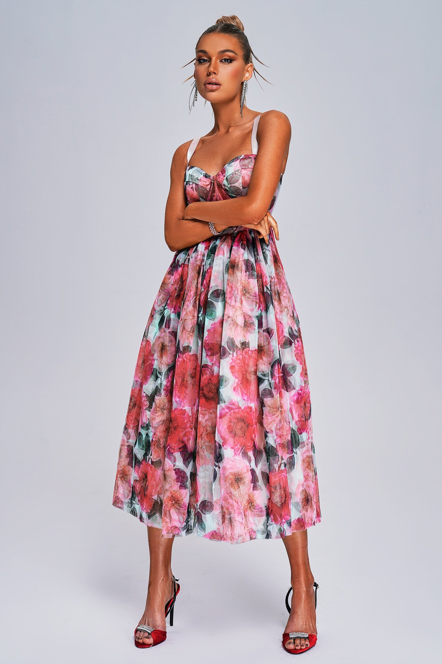 Lexi Midi Dress - Sareza Floral Print - Sweetheart Neckline - Flowing Skirt - Sheer Detailing - Ideal For Any Occasion
