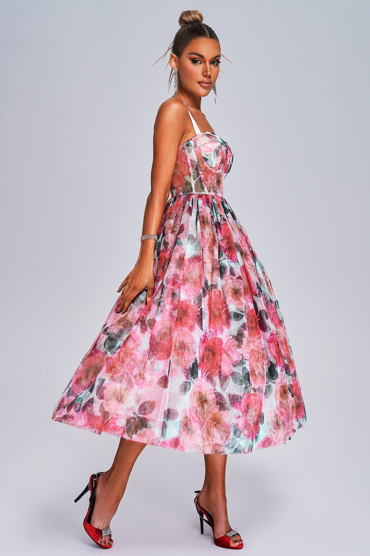 Lexi Midi Dress - Sareza Floral Print - Sweetheart Neckline - Flowing Skirt - Sheer Detailing - Ideal For Any Occasion