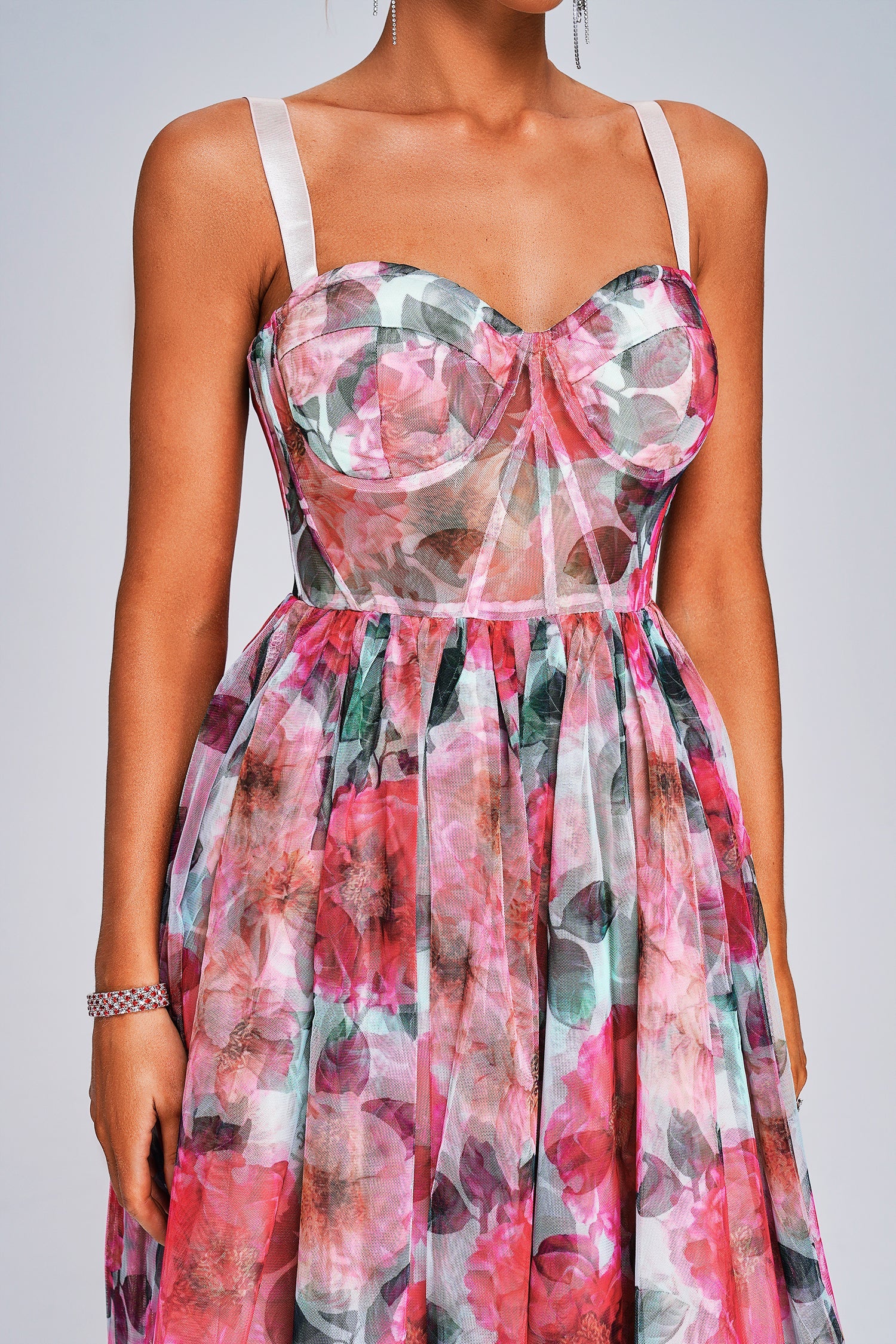 Lexi Midi Dress - Sareza Floral Print - Sweetheart Neckline - Flowing Skirt - Sheer Detailing - Ideal For Any Occasion