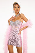 Miracle Strapless Mini Dress - Diamante Detailing - Form-Fitting Silhouette - Sequin Embellishments - Mini Length - Feather Wrap