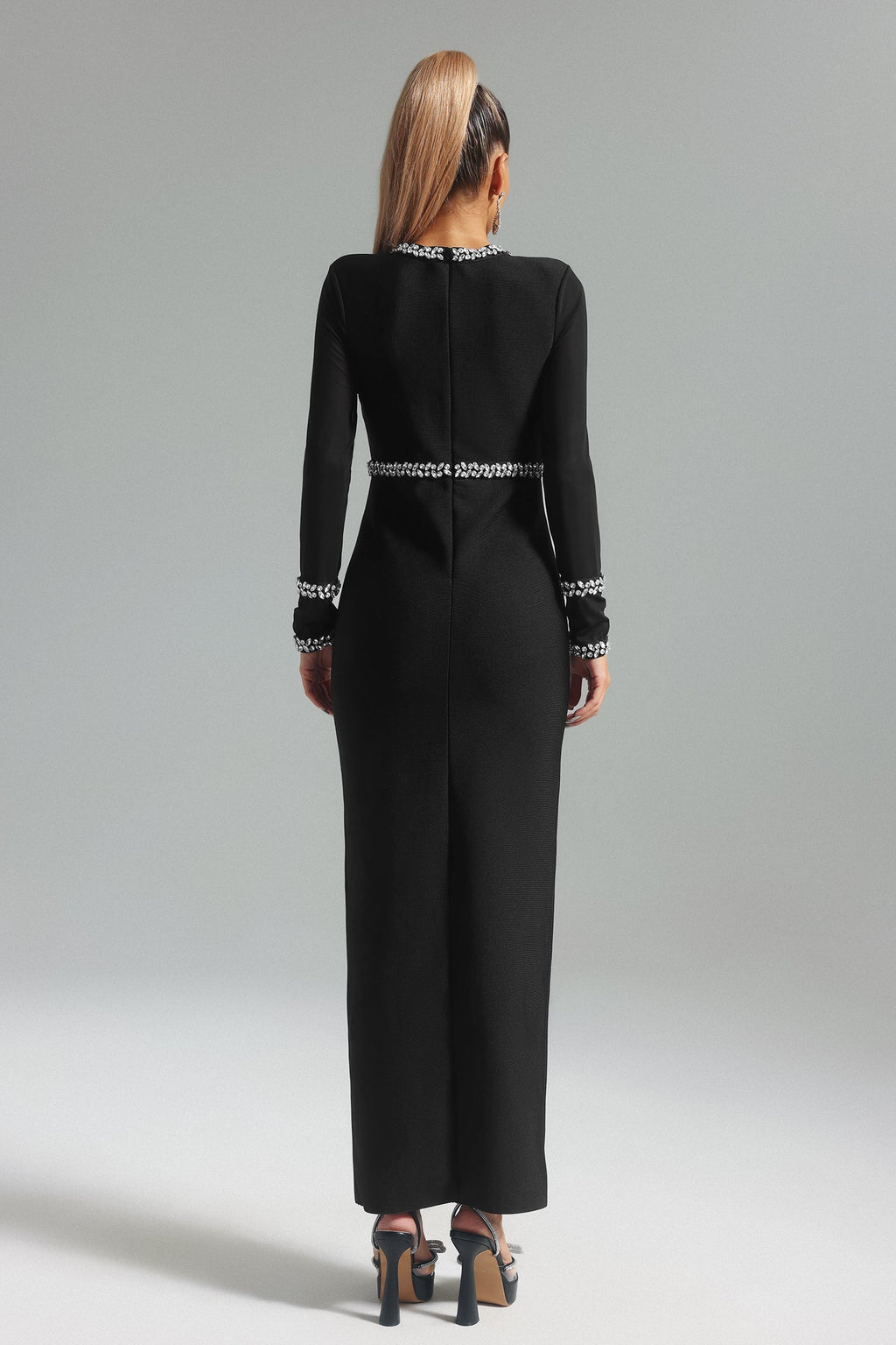 Mia Midi Dress - Keyhole Neckline - Diamante Detailing - Slit - Long Sleeves - Premium Fit Feel