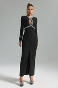 Mia Midi Dress - Keyhole Neckline - Diamante Detailing - Slit - Long Sleeves - Premium Fit Feel