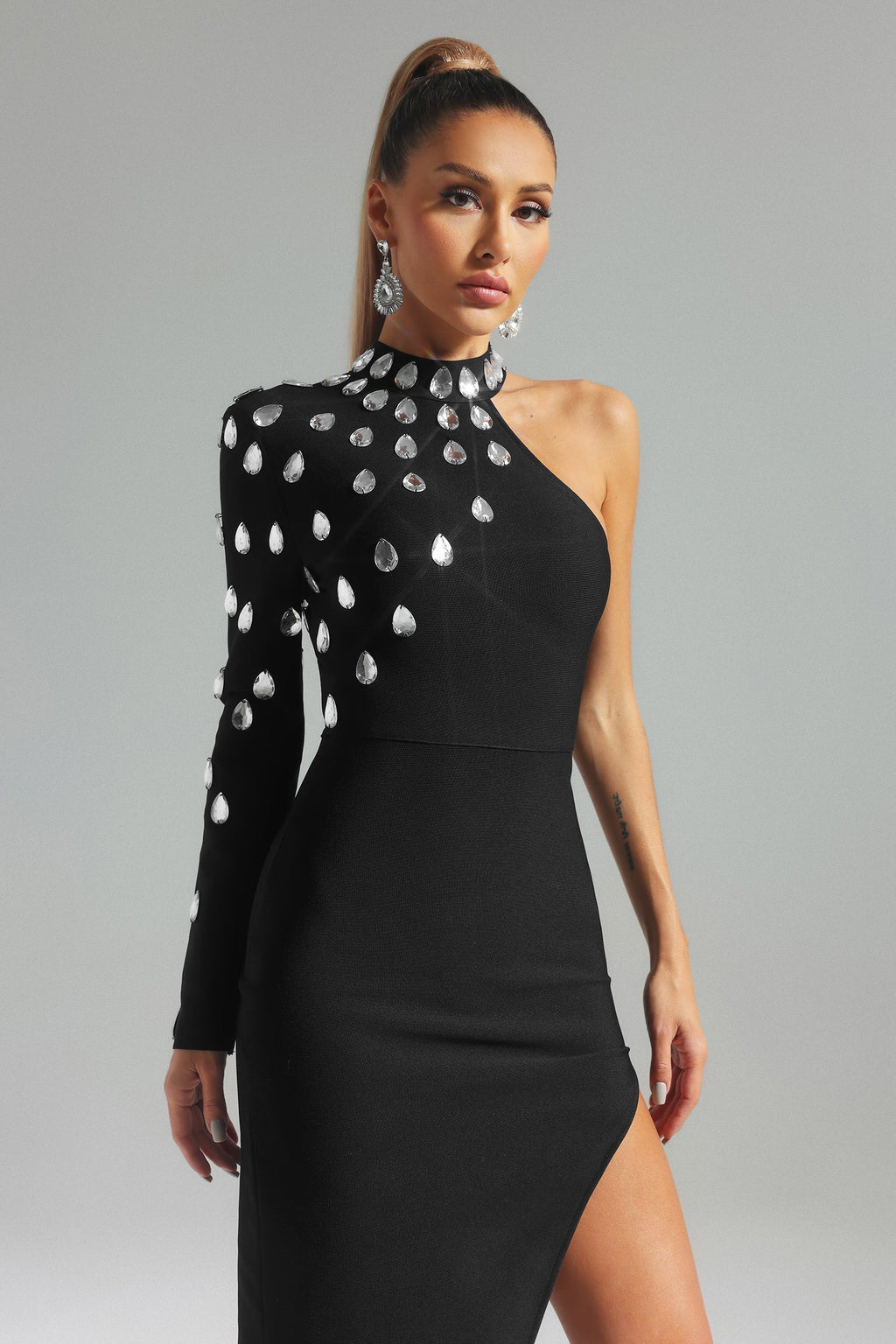 Penelope Midi Dress - One Shoulder Silhouette - Diamante Detailing - Flattering Fit - Sophisticated Neckline - Modern Twist