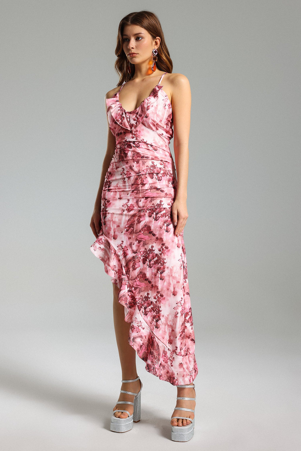 Jazlyn Midi Dress - Floral Print - Ruffled Skew - Asymmetrical Hemline - Spaghetti Straps - Lightweight Fabric