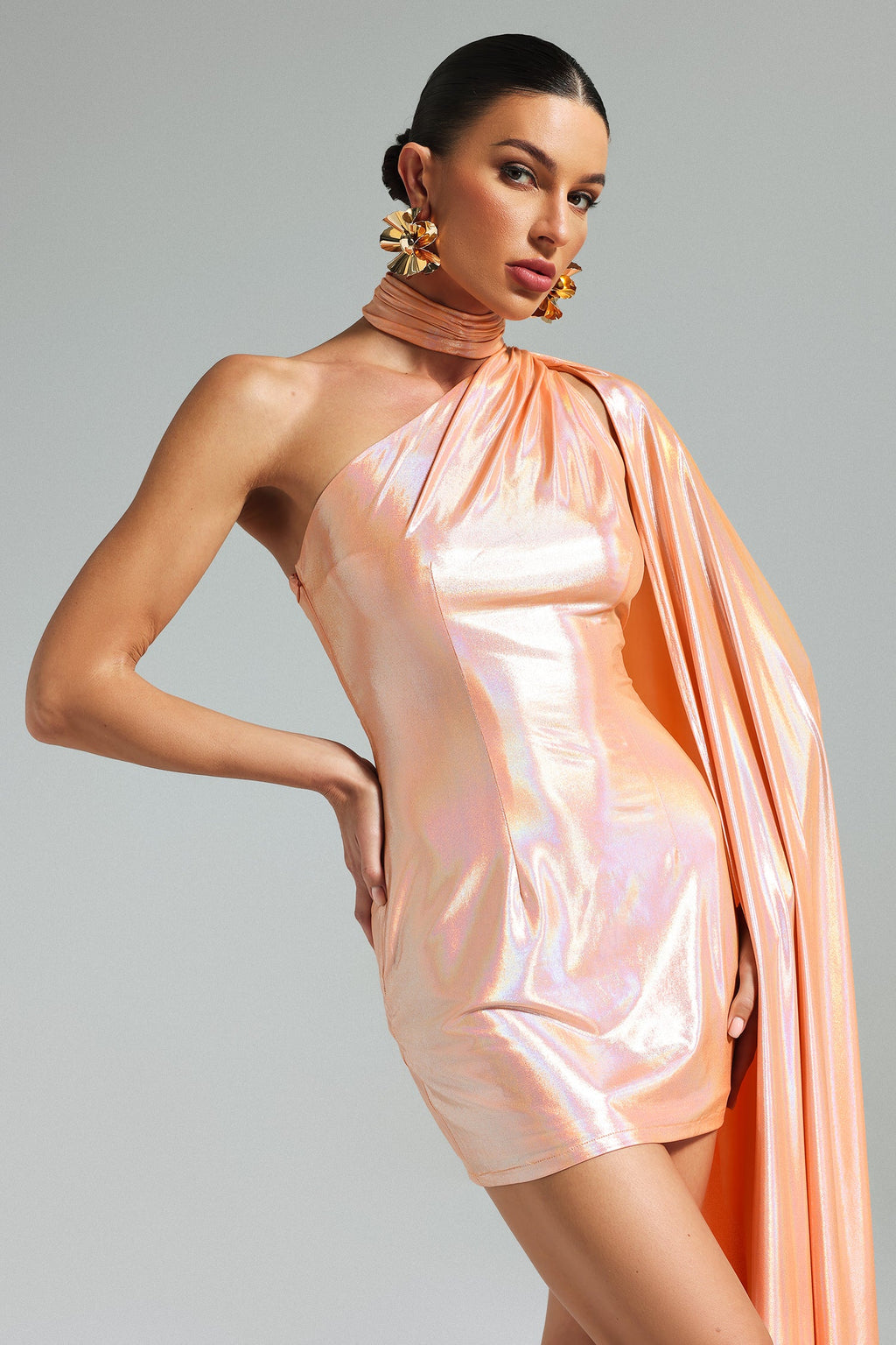 Rory One Shoulder Mini Dress - Bold Statement - Glossy Fabric - Asymmetrical Draping - Form-Fitting - Confidence Boost