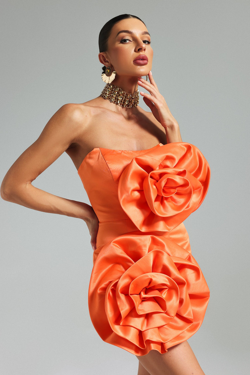 Norah Mini Dress - Strapless Silhouette - Oversized Floral Detailing - Luxurious Satin Fabric - Bold - Ideal For Evening Events
