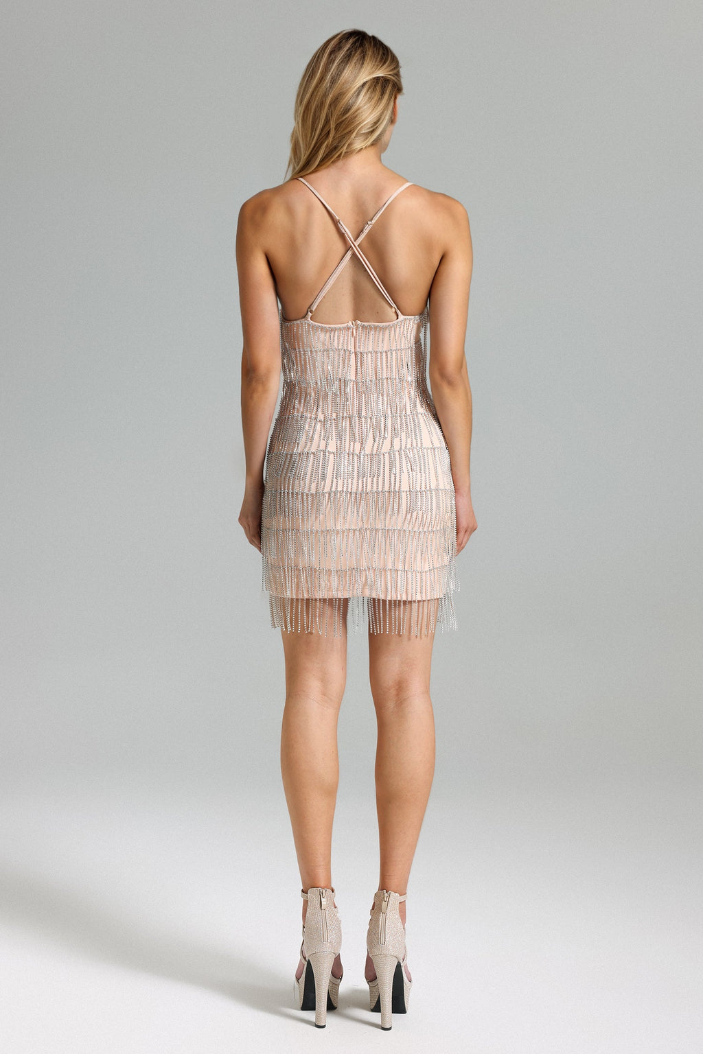 Renata Mini Dress - Deep V-Neckline - Fringe Detailing - Halter Straps - Sophisticated Yet Playful - Confidence-Boosting