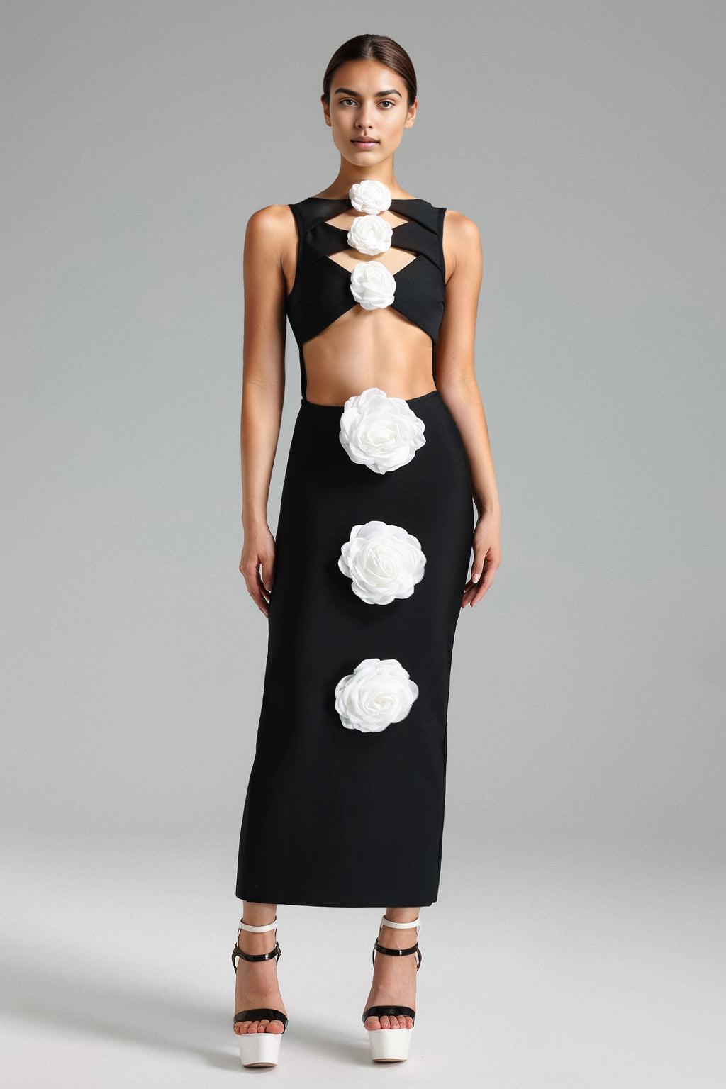 Willow Midi Dress - Cut Out - Floral Detailing - Fitted Silhouette - Captivating Neckline - Sophisticated Length