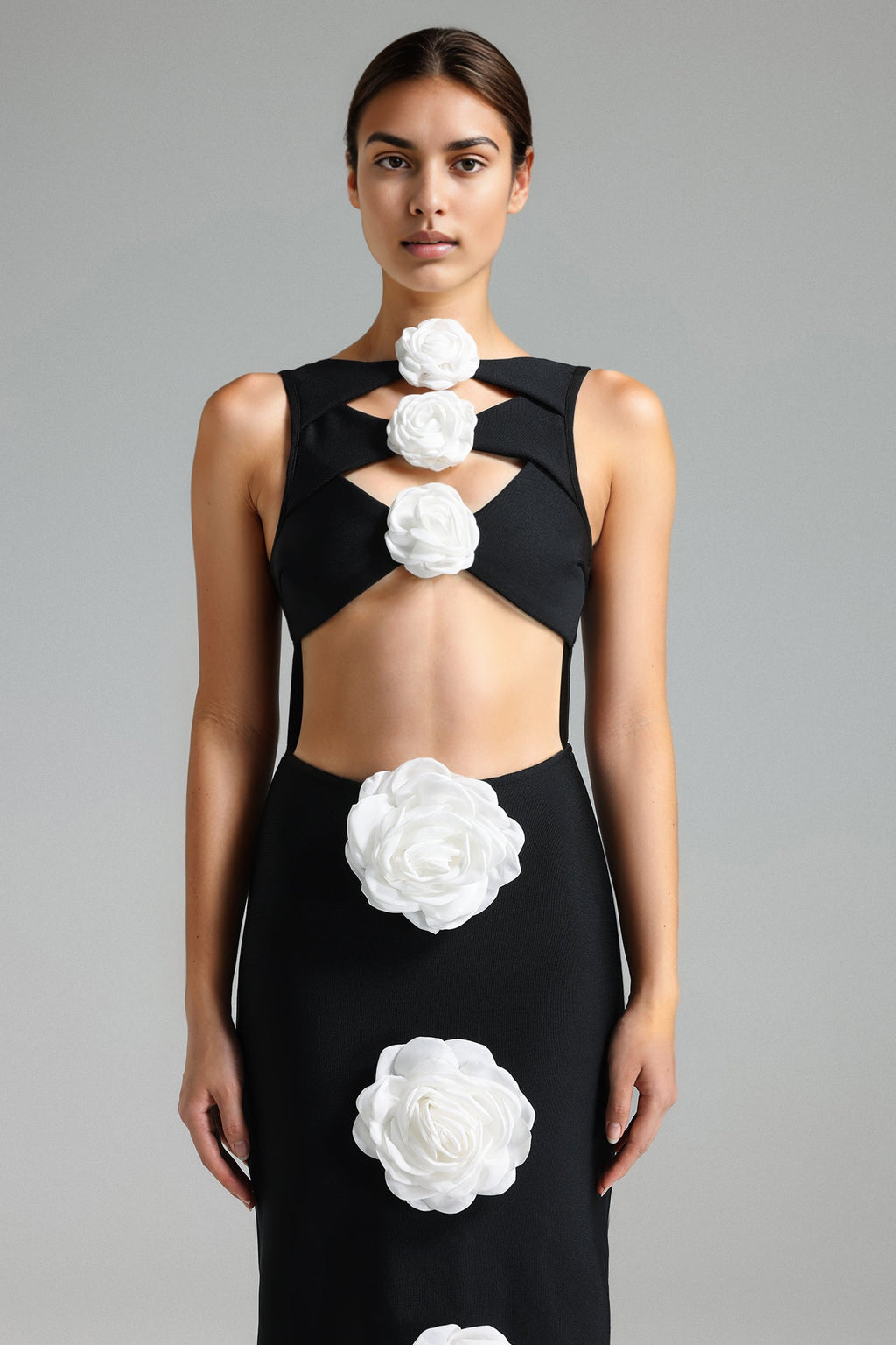 Willow Midi Dress - Cut Out - Floral Detailing - Fitted Silhouette - Captivating Neckline - Sophisticated Length