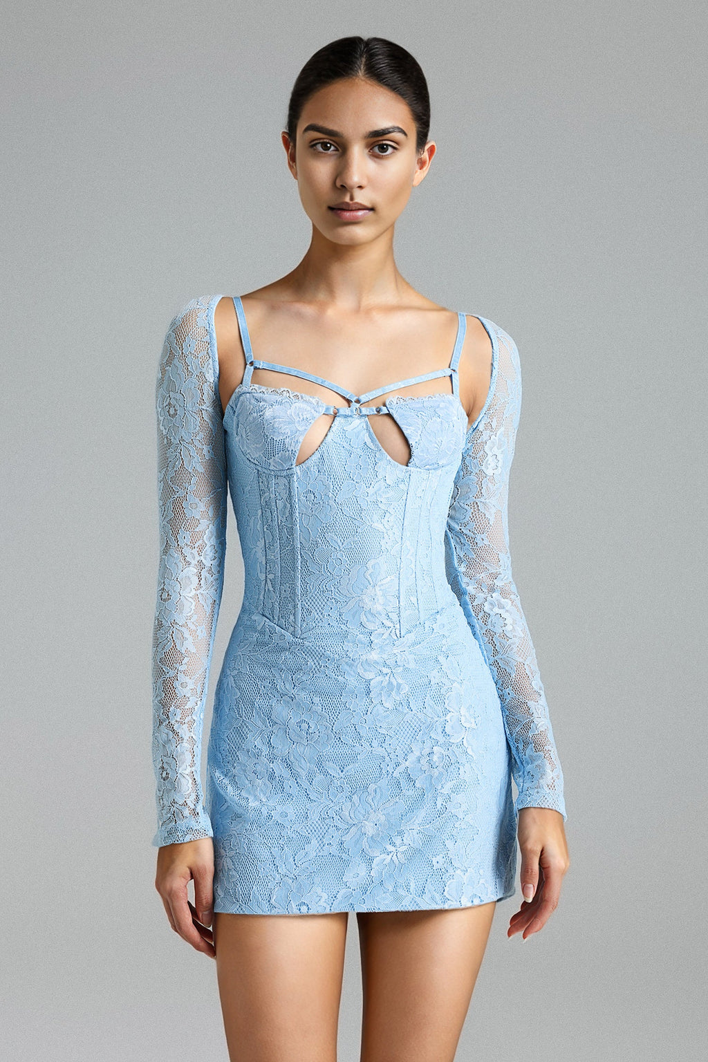 Landry Mini Dress - Fitted Silhouette - Intricate Lace Detailing - Cut-Out Neckline - Long Lace Sleeves - Flattering Bodice