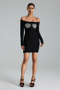 Stefania Bandage Mini Dress - Glitter Detailing - Off-Shoulder Neckline - Rhinestone Bodice - Body-Hugging Fit - Long Sleeves