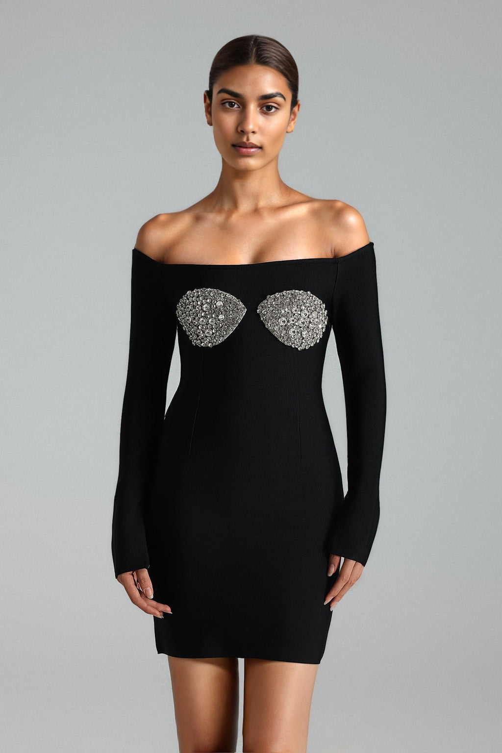 Stefania Bandage Mini Dress - Glitter Detailing - Off-Shoulder Neckline - Rhinestone Bodice - Body-Hugging Fit - Long Sleeves