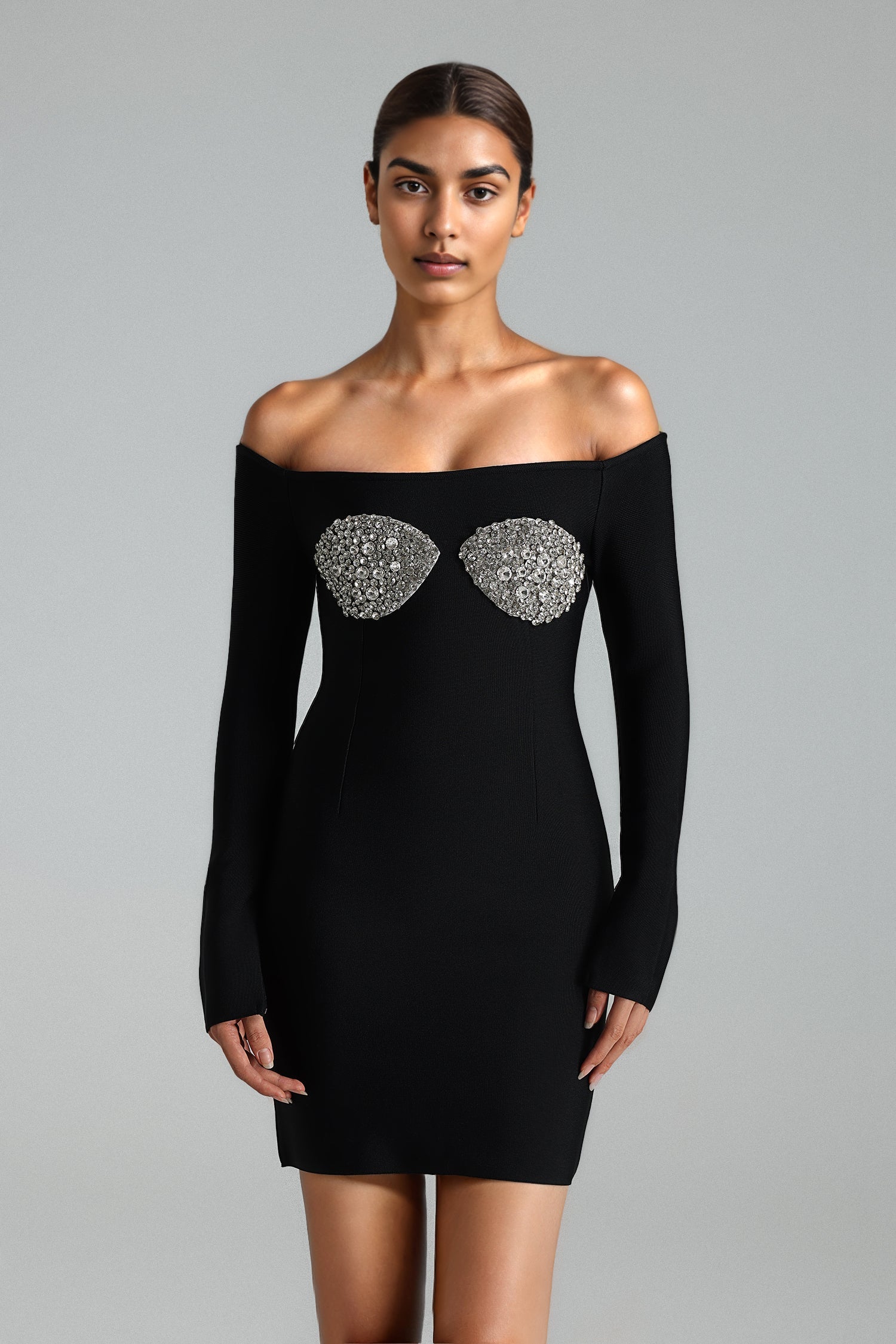 Stefania Bandage Mini Dress - Glitter Detailing - Off-Shoulder Neckline - Rhinestone Bodice - Body-Hugging Fit - Long Sleeves