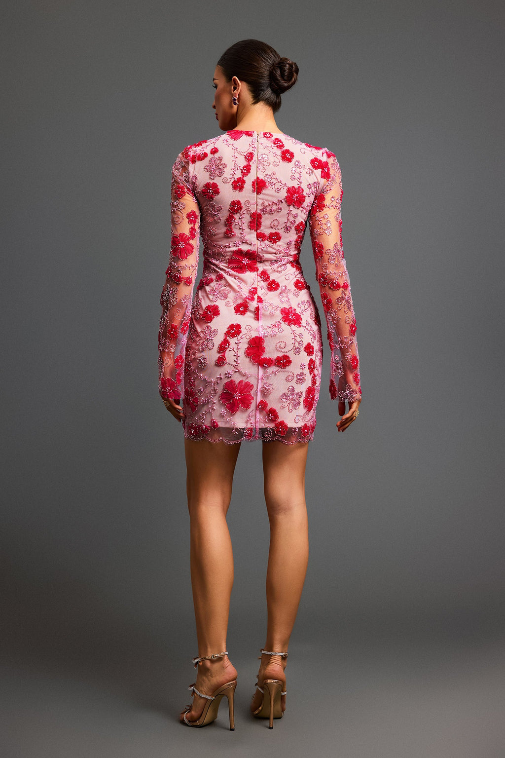 Savina Mini Dress - Floral Detailing - Fitted Silhouette - High Neckline - Long Sleeves - Intricate Embroidery