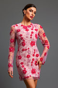 Savina Mini Dress - Floral Detailing - Fitted Silhouette - High Neckline - Long Sleeves - Intricate Embroidery