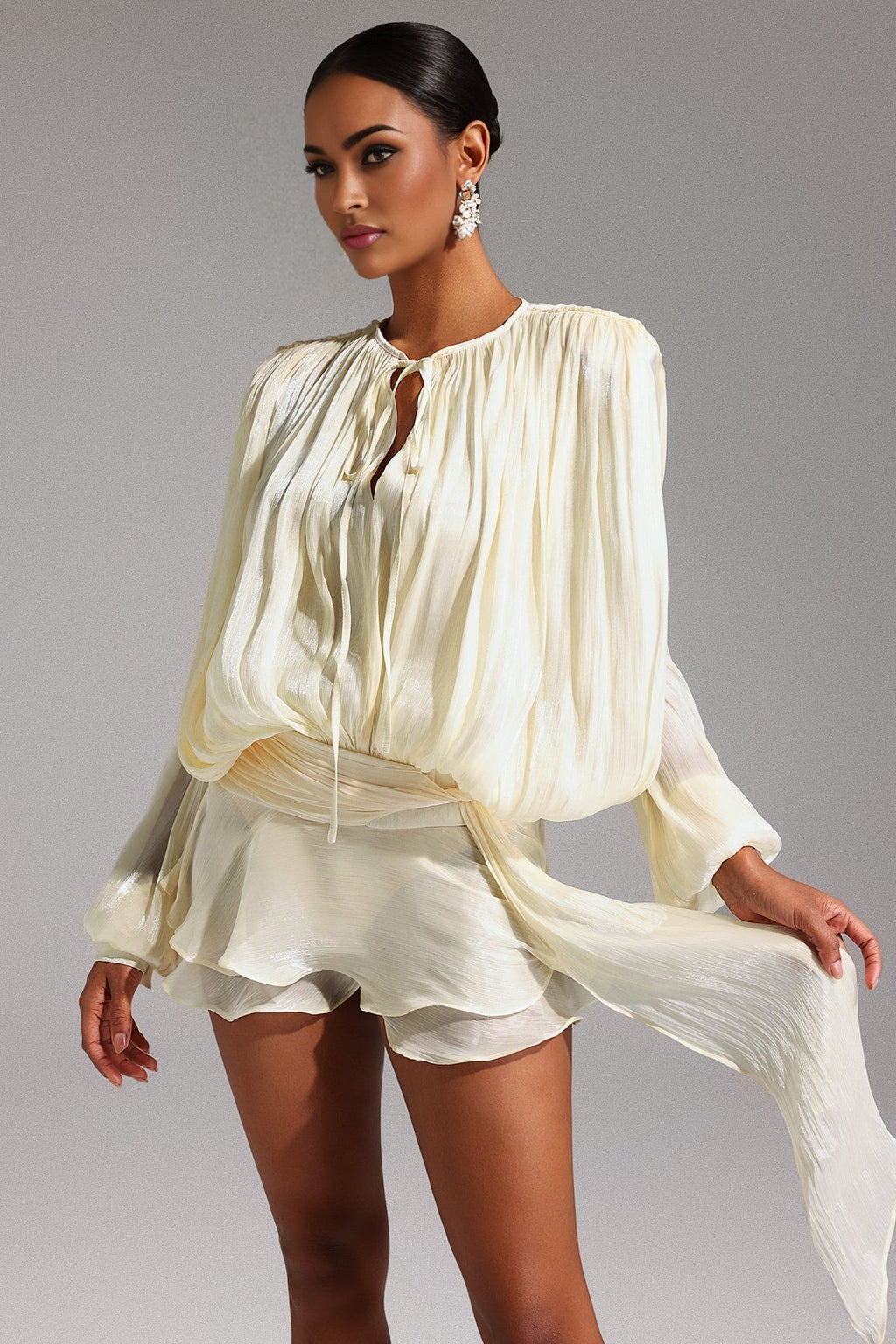 Mallory Mini Dress - Flounce - Long Sleeves - Hollow Out Detailing - Soft & Lightweight Fabric - Versatile - modified image