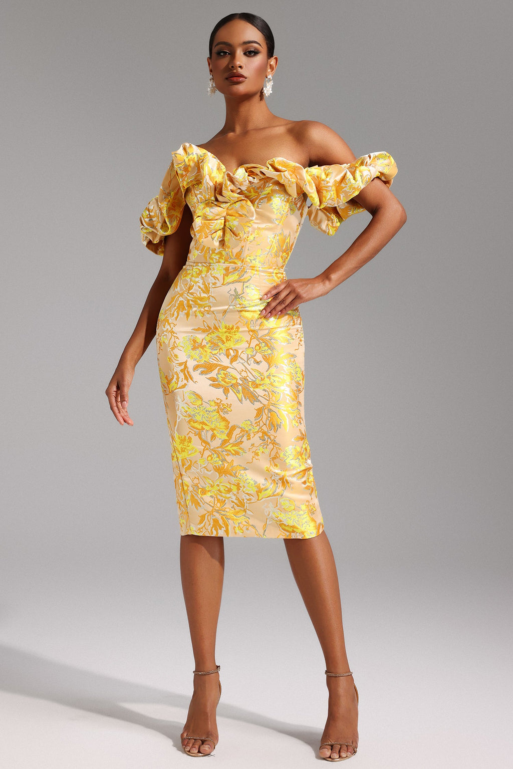 Ivana Midi Dress - Off-The-Shoulder Neckline - Jacquard Pattern - Ruffled Detailing - Fitted - Floral Motifs