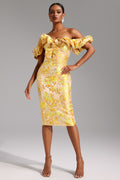Ivana Midi Dress - Off-The-Shoulder Neckline - Jacquard Pattern - Ruffled Detailing - Fitted - Floral Motifs