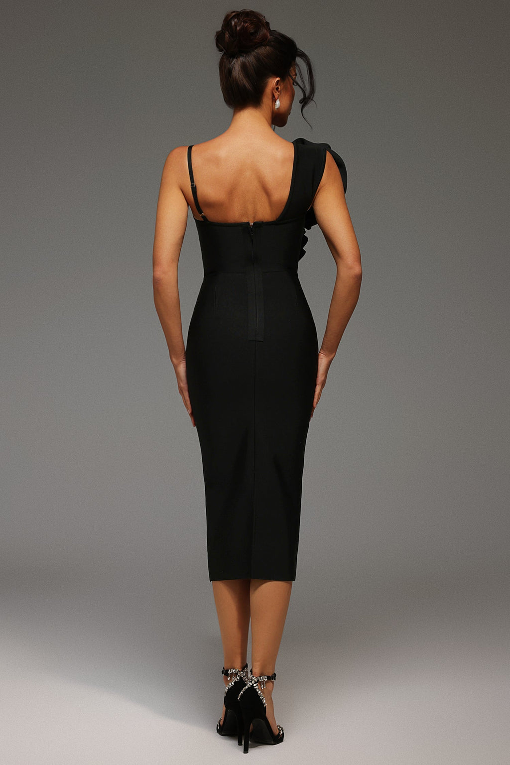 Malia Midi Dress - Asymmetrical - One-Shoulder Neckline - Floral Detailing - Bandage Fabric - Sophisticated Charm