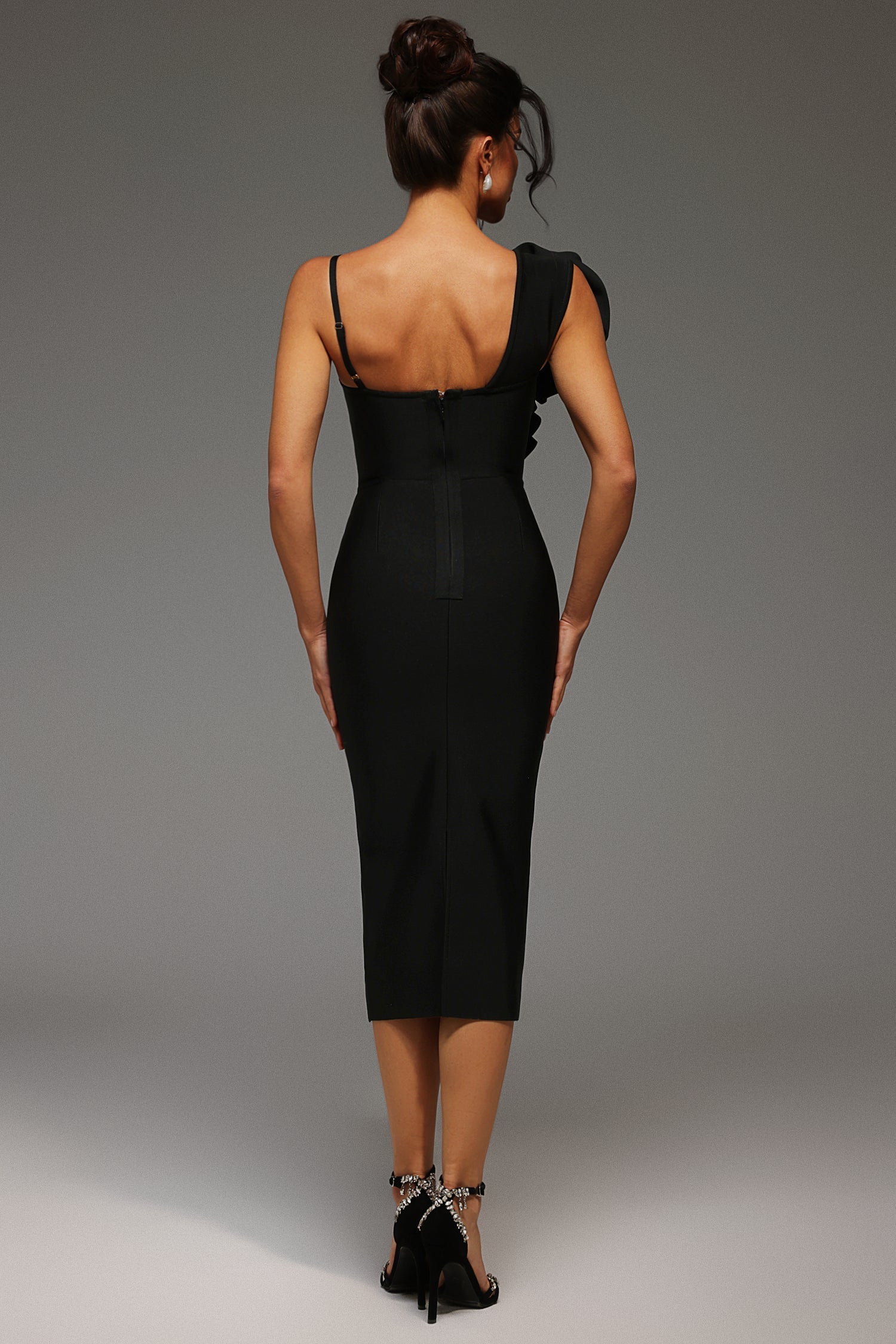 Malia Midi Dress - Asymmetrical - One-Shoulder Neckline - Floral Detailing - Bandage Fabric - Sophisticated Charm