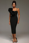 Malia Midi Dress - Asymmetrical - One-Shoulder Neckline - Floral Detailing - Bandage Fabric - Sophisticated Charm