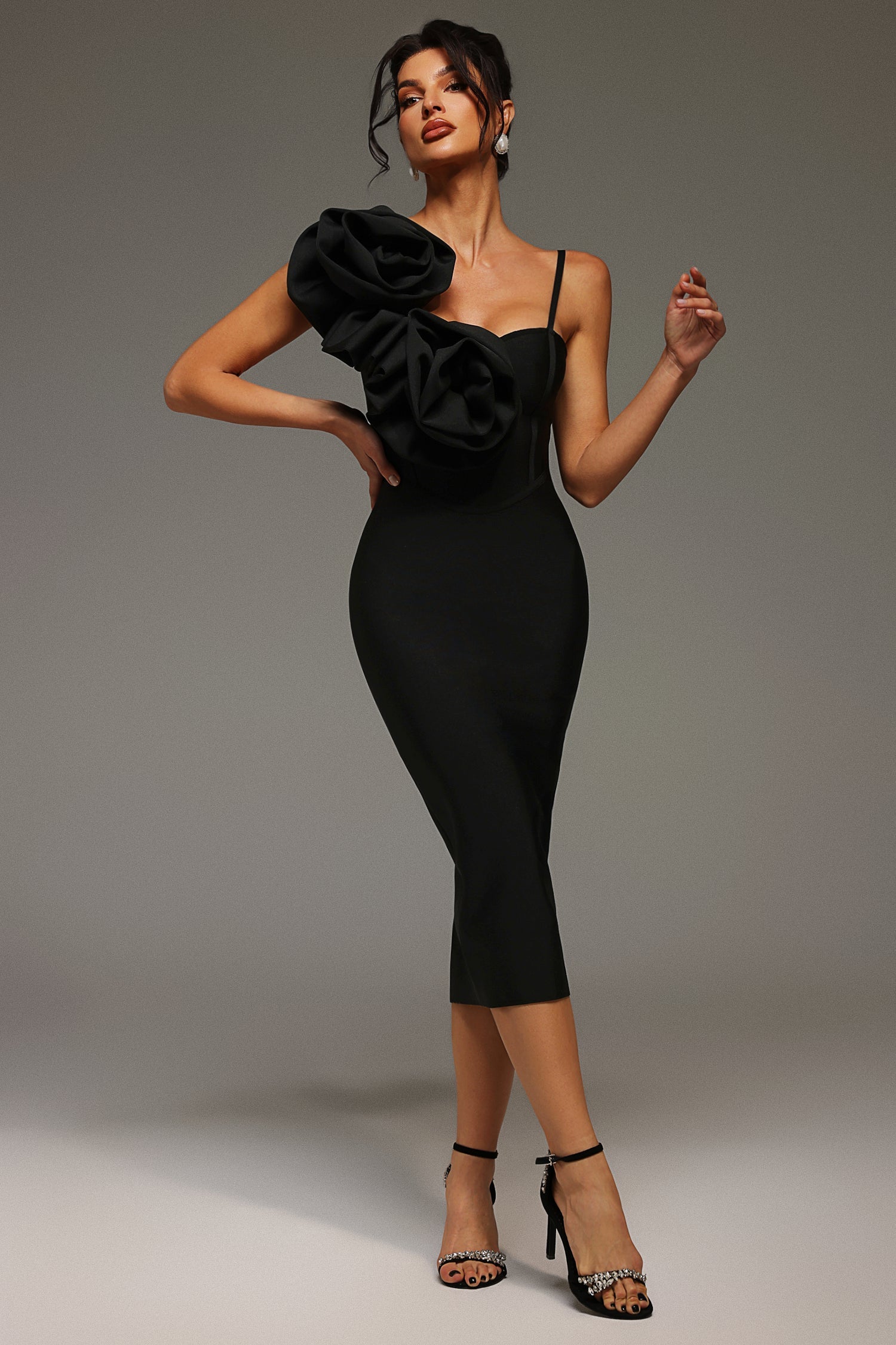 Malia Midi Dress - Asymmetrical - One-Shoulder Neckline - Floral Detailing - Bandage Fabric - Sophisticated Charm