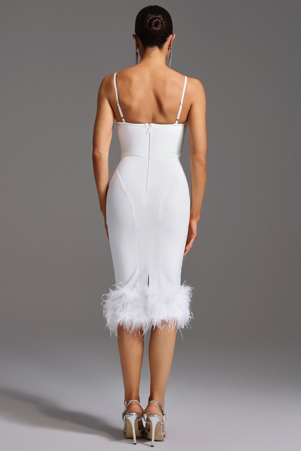 Michela Midi Dress - Sleeveless Bodycon Fit - Square Neckline - Feather Detailing - High-Quality Fabric - Modern Elegance