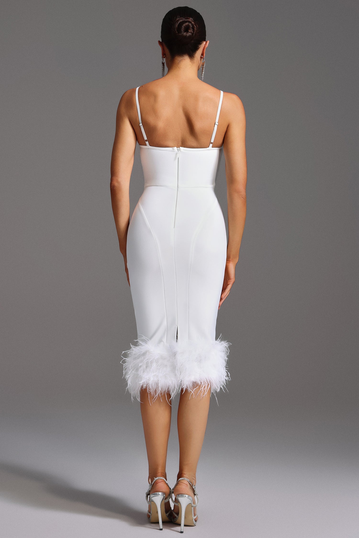 Michela Midi Dress - Sleeveless Bodycon Fit - Square Neckline - Feather Detailing - High-Quality Fabric - Modern Elegance