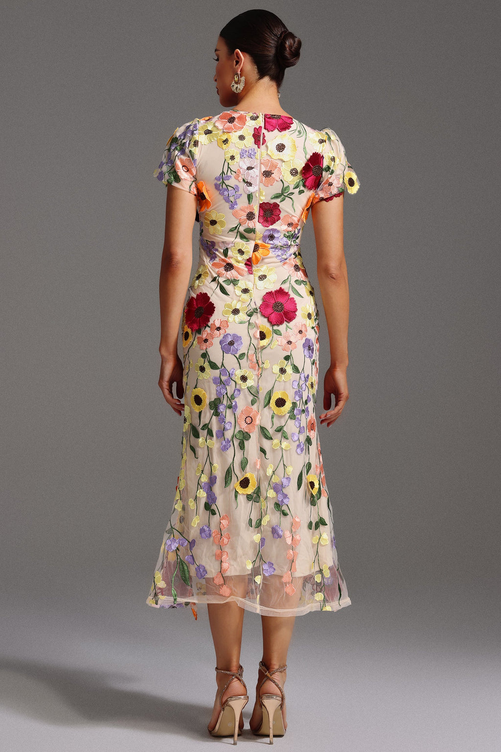 Kenzie Midi Dress - Floral Embroidery - Fishtail Silhouette - Round Neckline - Short Sleeves - Versatile