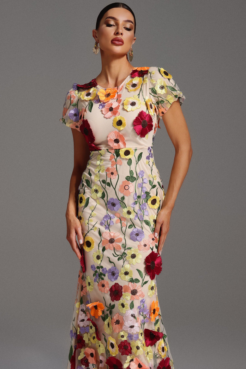Kenzie Midi Dress - Floral Embroidery - Fishtail Silhouette - Round Neckline - Short Sleeves - Versatile