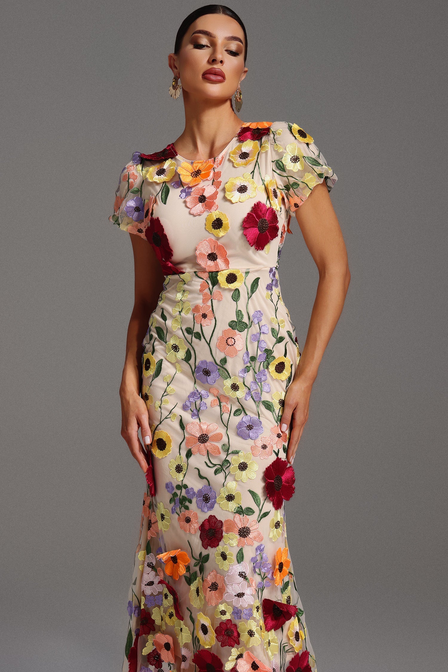 Kenzie Midi Dress - Floral Embroidery - Fishtail Silhouette - Round Neckline - Short Sleeves - Versatile