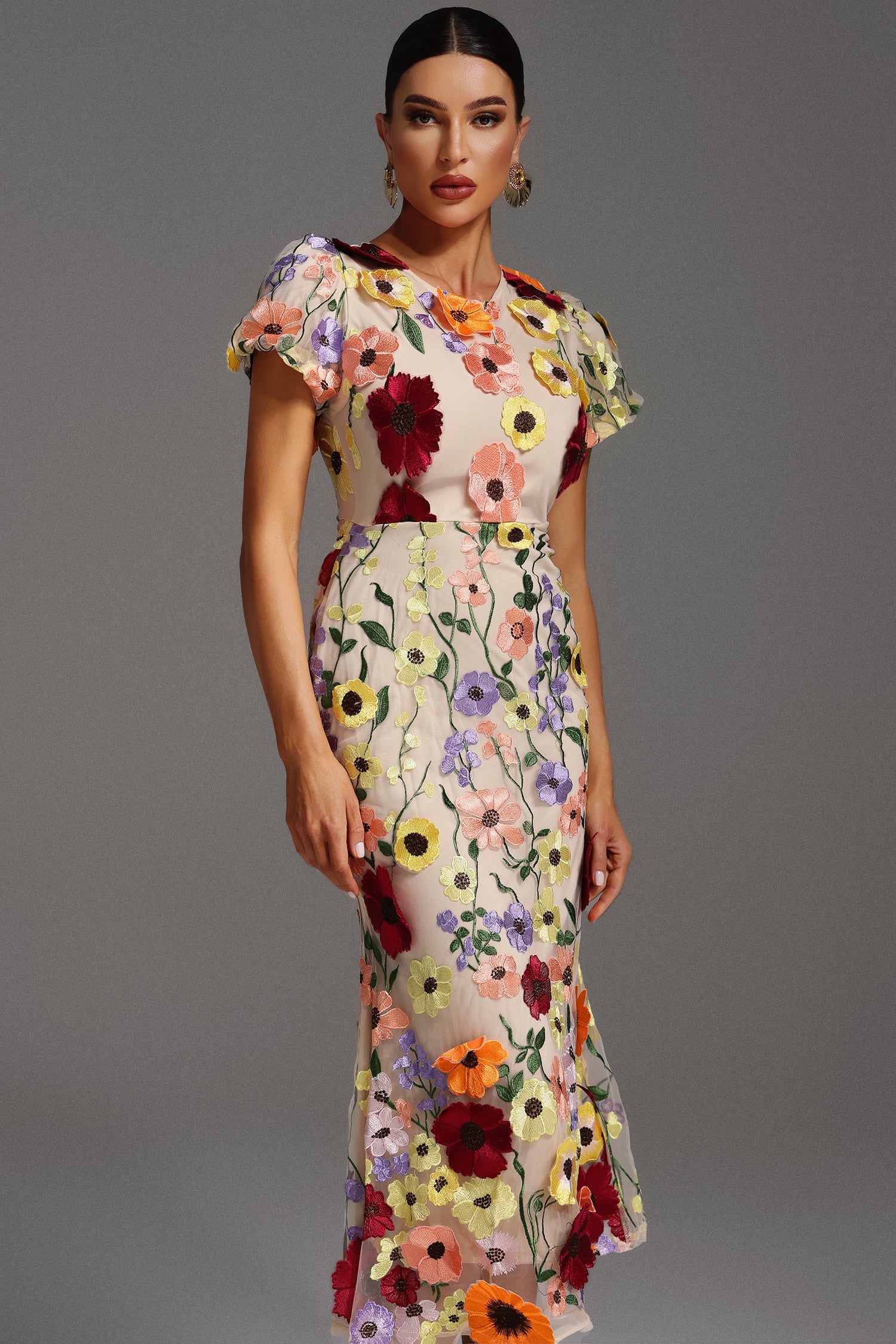Kenzie Midi Dress - Floral Embroidery - Fishtail Silhouette - Round Neckline - Short Sleeves - Versatile