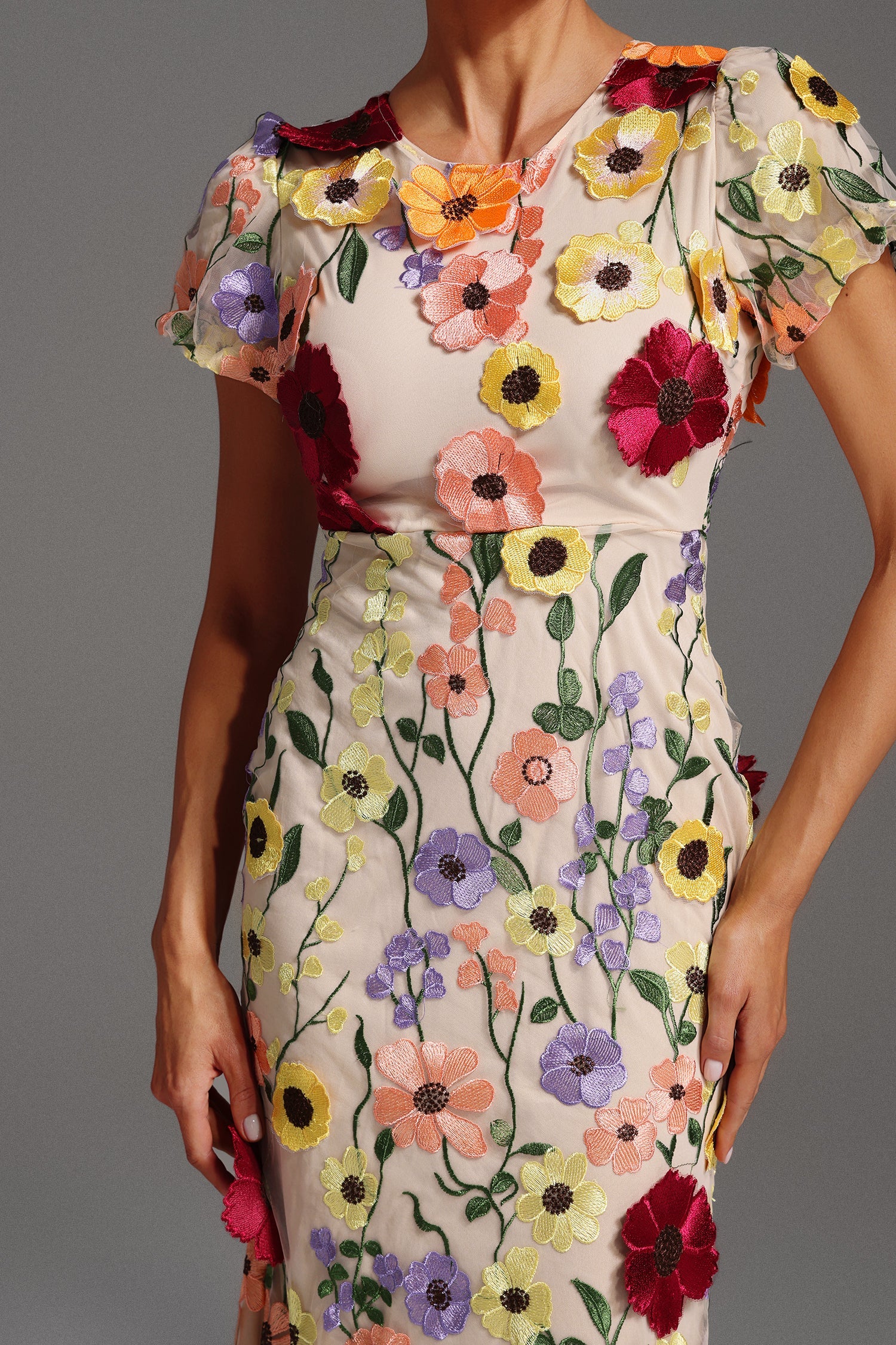 Kenzie Midi Dress - Floral Embroidery - Fishtail Silhouette - Round Neckline - Short Sleeves - Versatile