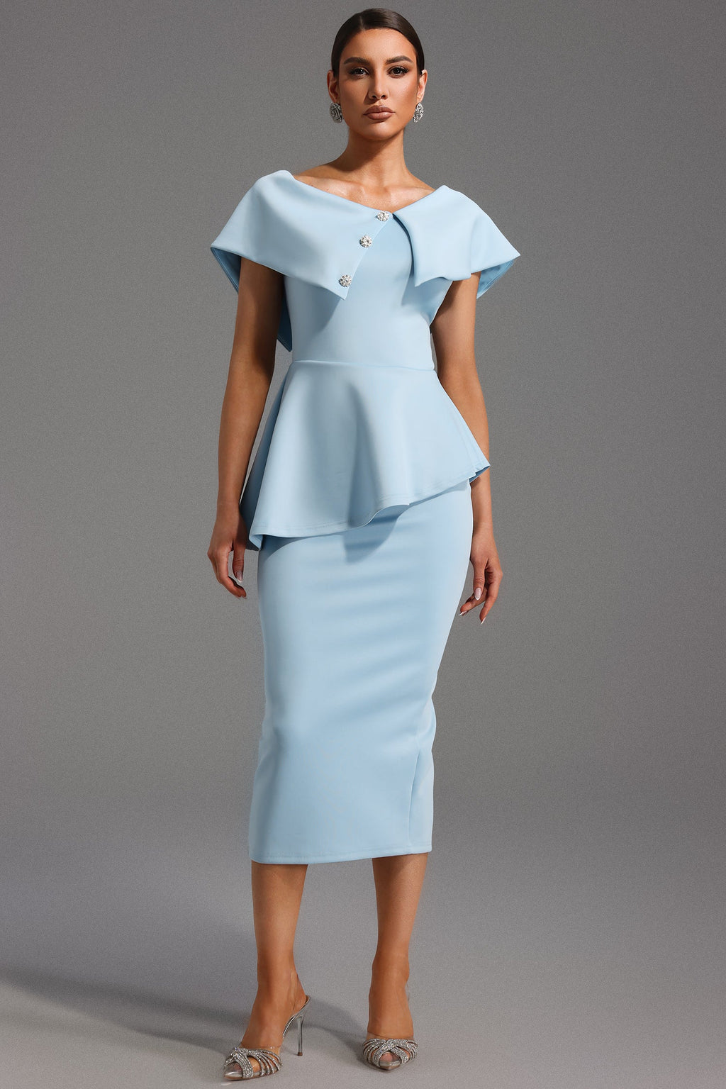 Rosetta Midi Dress - One Shoulder Flounce - Asymmetrical Neckline - Fitted Bodice - Flared Hem - Decorative Buttons
