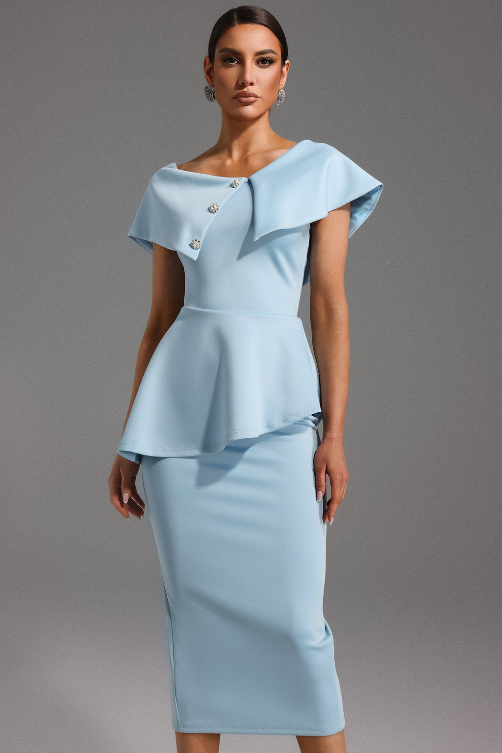Rosetta Midi Dress - One Shoulder Flounce - Asymmetrical Neckline - Fitted Bodice - Flared Hem - Decorative Buttons