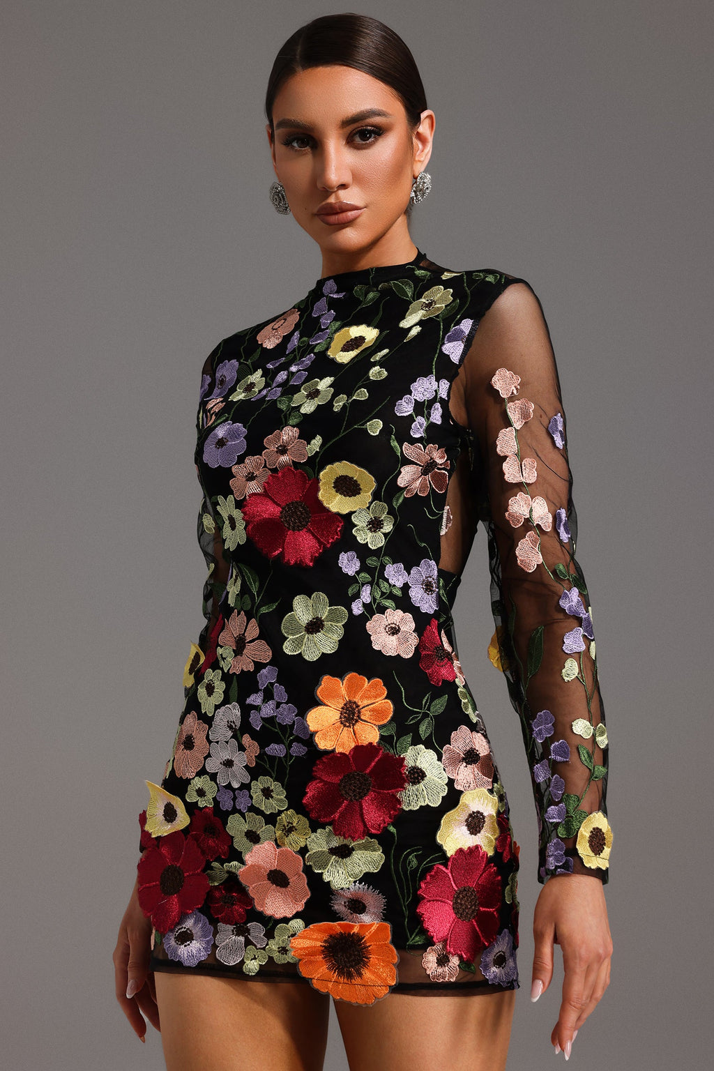 Roberta Mini Dress - Long Sleeve - Flowers Backless - Floral Embroidery - Fitted Silhouette - Versatile