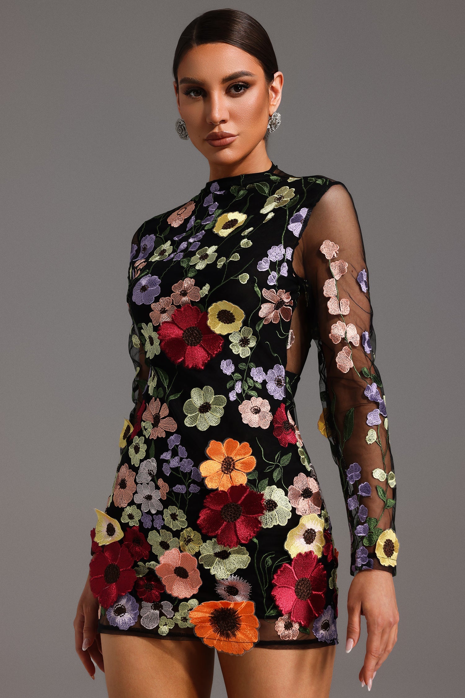 Roberta Mini Dress - Long Sleeve - Flowers Backless - Floral Embroidery - Fitted Silhouette - Versatile