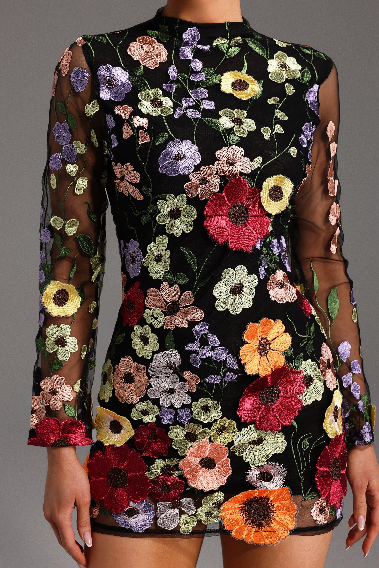 Roberta Mini Dress - Long Sleeve - Flowers Backless - Floral Embroidery - Fitted Silhouette - Versatile
