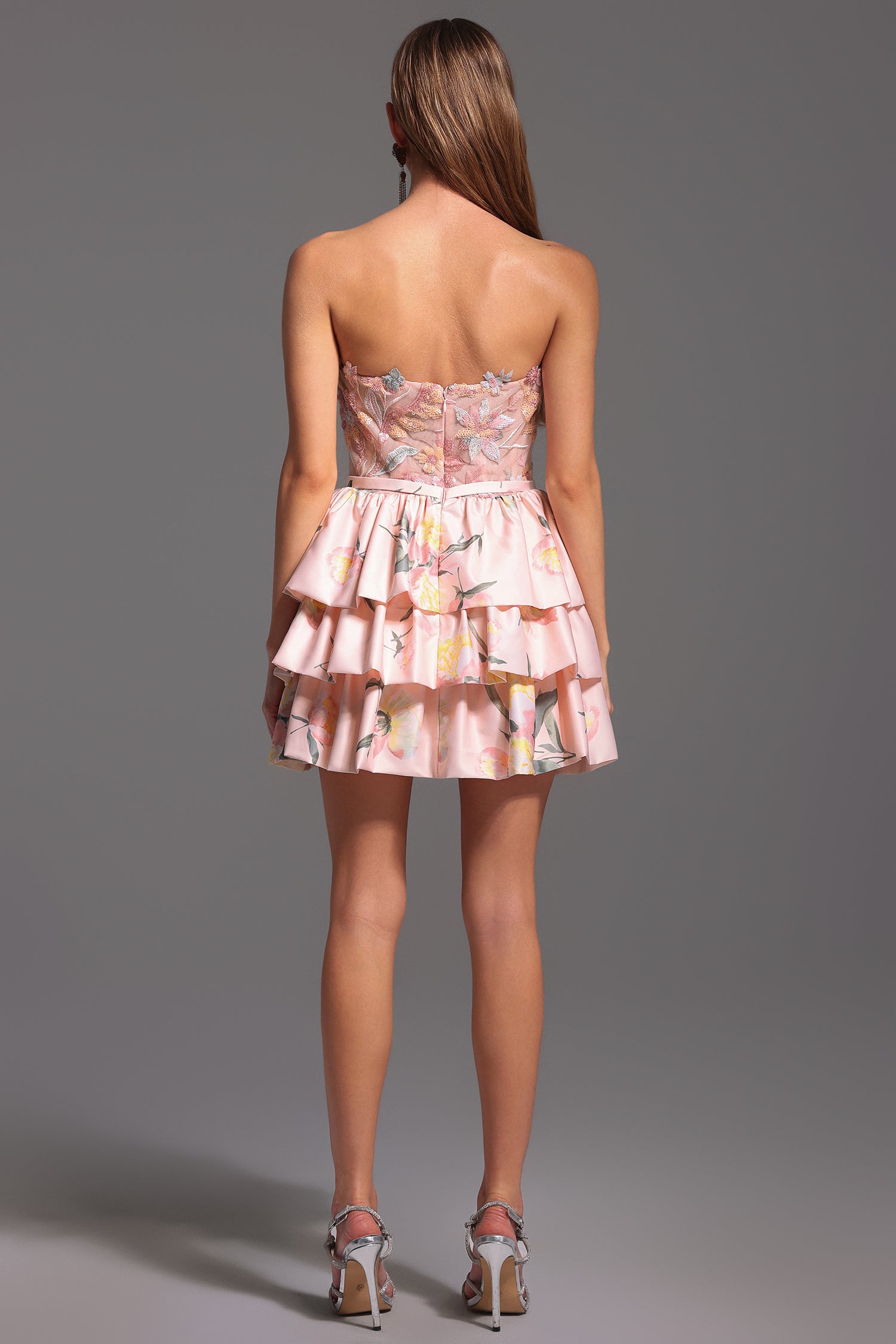 Jenna Mini Dress - Strapless - Floral Embroidery - Flared Silhouette - Soft Fabric - Delicate Floral Patterns